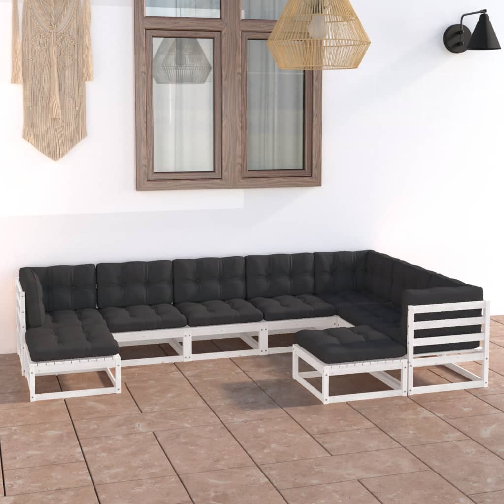 9-tlg. Garten-Lounge-Set mit Kissen Weiss Kiefer Massivholz